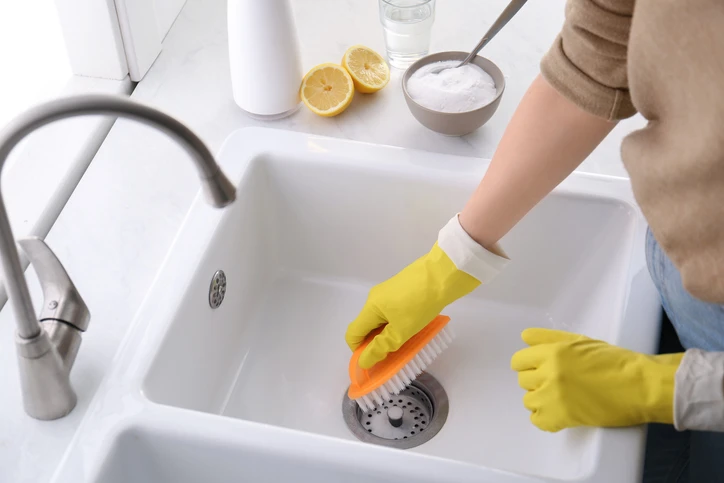 using baking soda and brush to clean sink